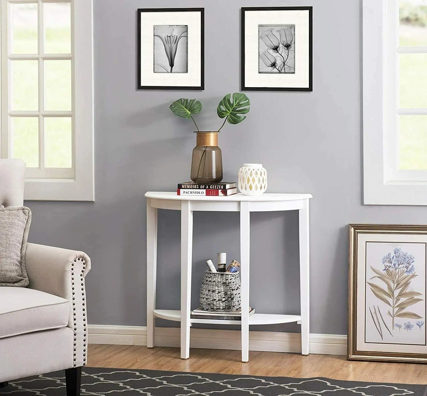 HYGRAD BUILT TO SURVIVE Half Moon Console Table Hallway 1 Shelf Storage Furniture Unit Table White/Grey HYGRAD BUILT TO SURVIVE