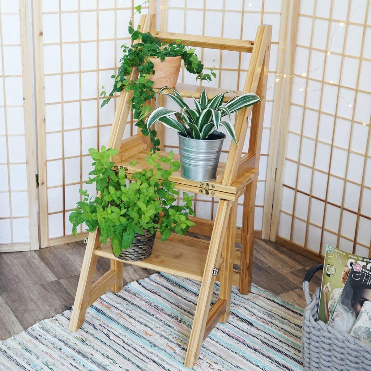 HYGRAD BUILT TO SURVIVE Innovative Creative Transforming Folding Fold Up Library Steps Step Ladder Chair Kitchen Office Use Natural Bamboo Colour HYGRAD BUILT TO SURVIVE