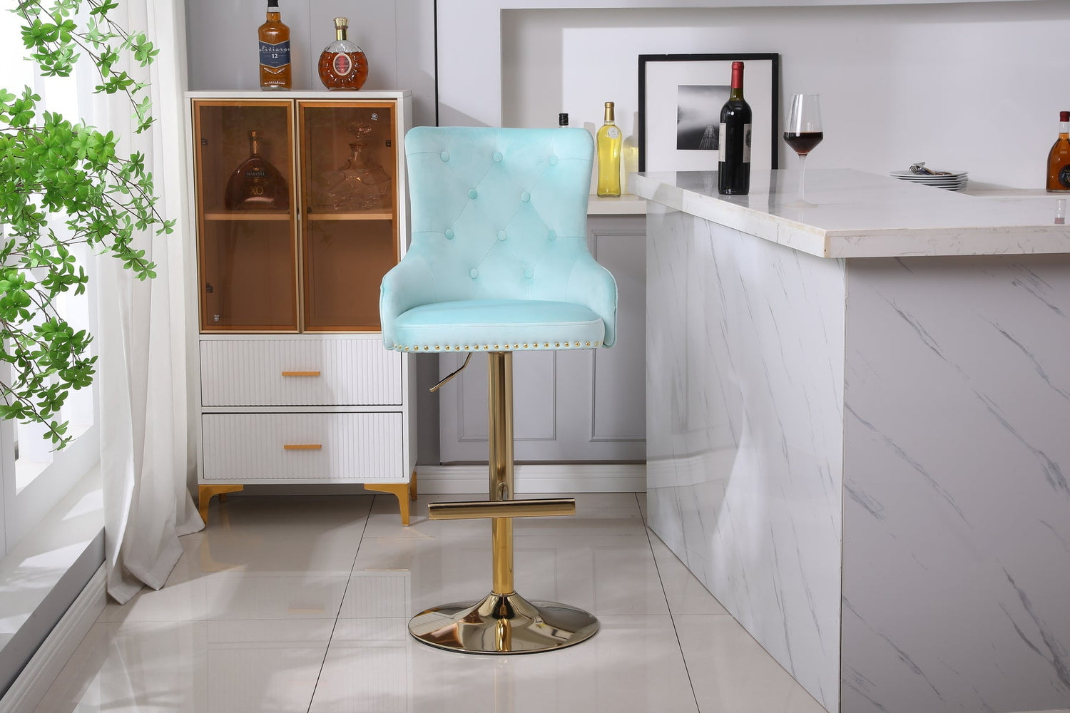 HYGRAD BUILT TO SURVIVE Velvet Upholstery 360 Degree Swivel Breakfast High Bar Home Kitchen Pub Stools Chair Seat With Gas Lift & Metal Base (1, Turquoise) HYGRAD BUILT TO SURVIVE