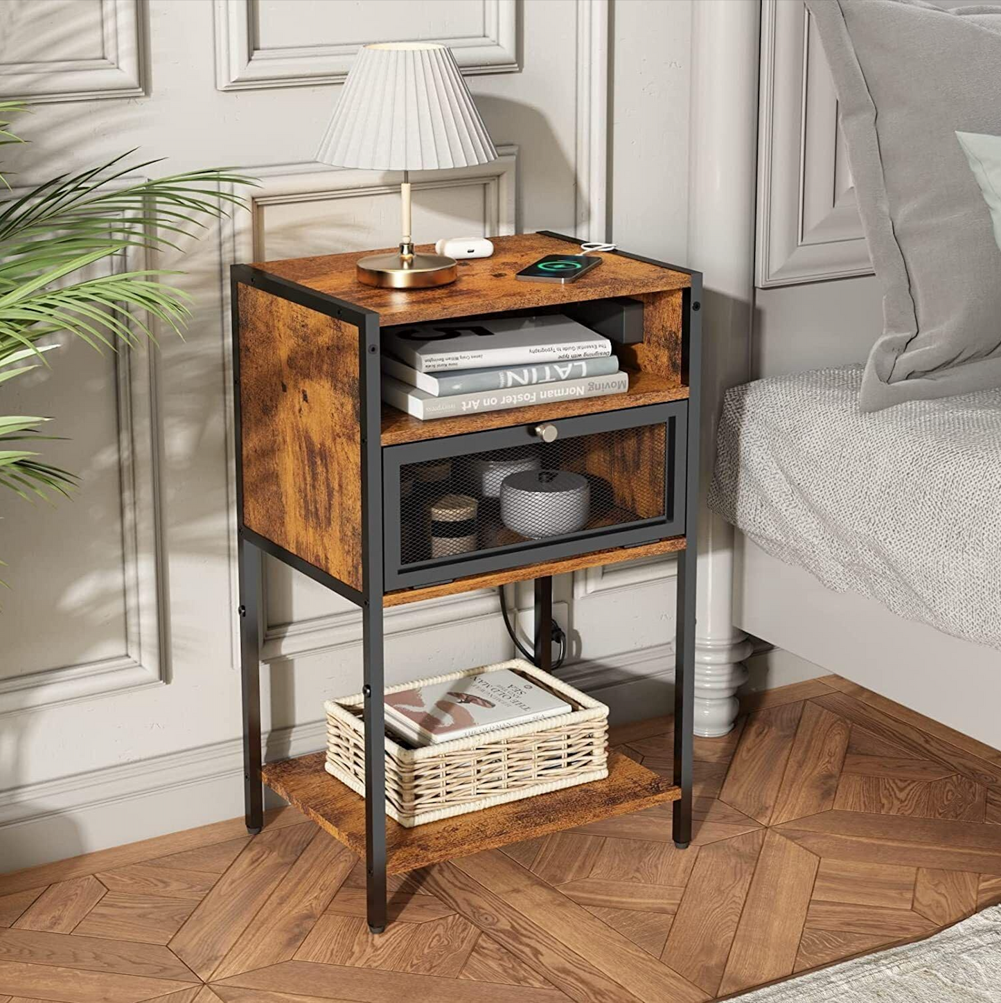 HYGRAD BUILT TO SURVIVE 3 Tier Industrial Look Wooden Nightstand Bedside Table With Drawer Storage & Charging Station UK Outlets USB Ports HYGRAD BUILT TO SURVIVE