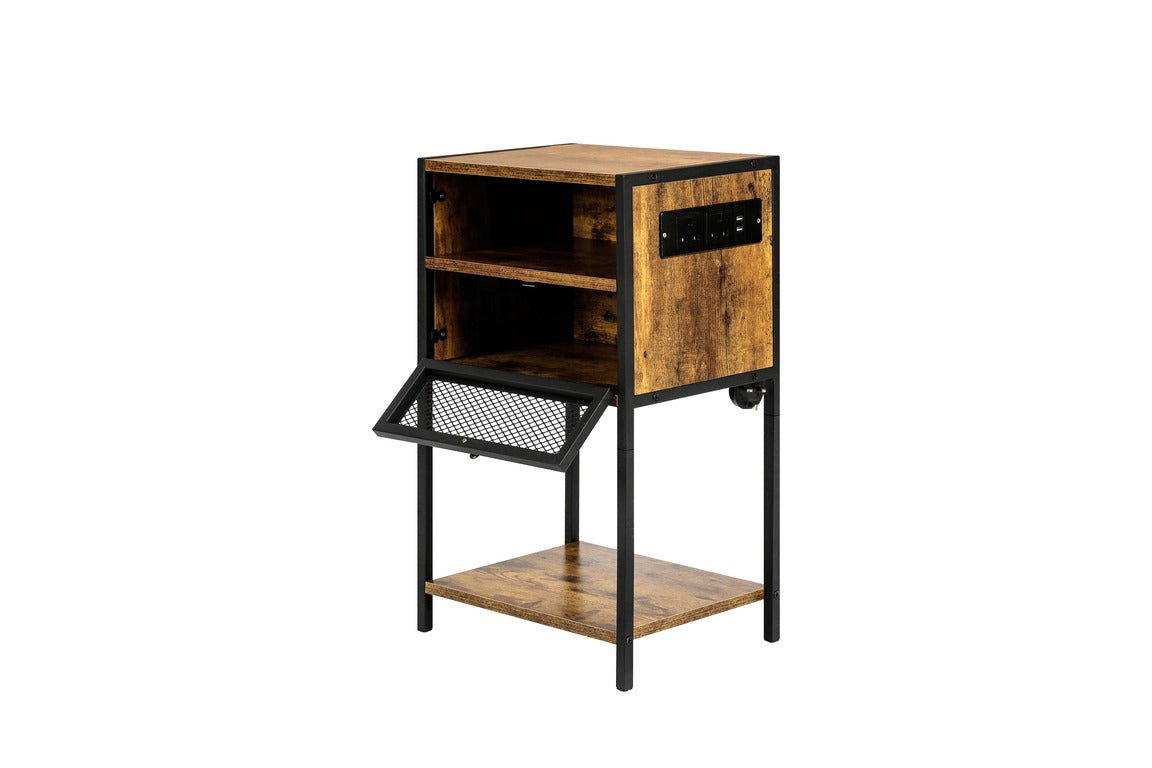 HYGRAD BUILT TO SURVIVE 3 Tier Industrial Look Wooden Nightstand Bedside Table With Drawer Storage & Charging Station UK Outlets USB Ports HYGRAD BUILT TO SURVIVE
